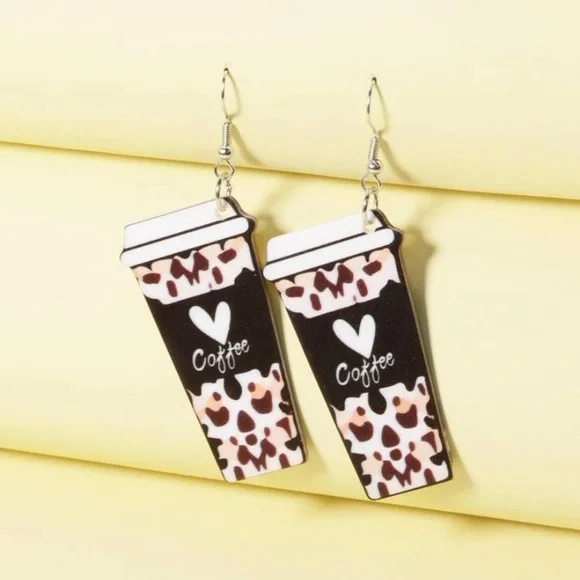 NEW! Leopard Print Coffee Cup Earrings - Picture 2 of 2